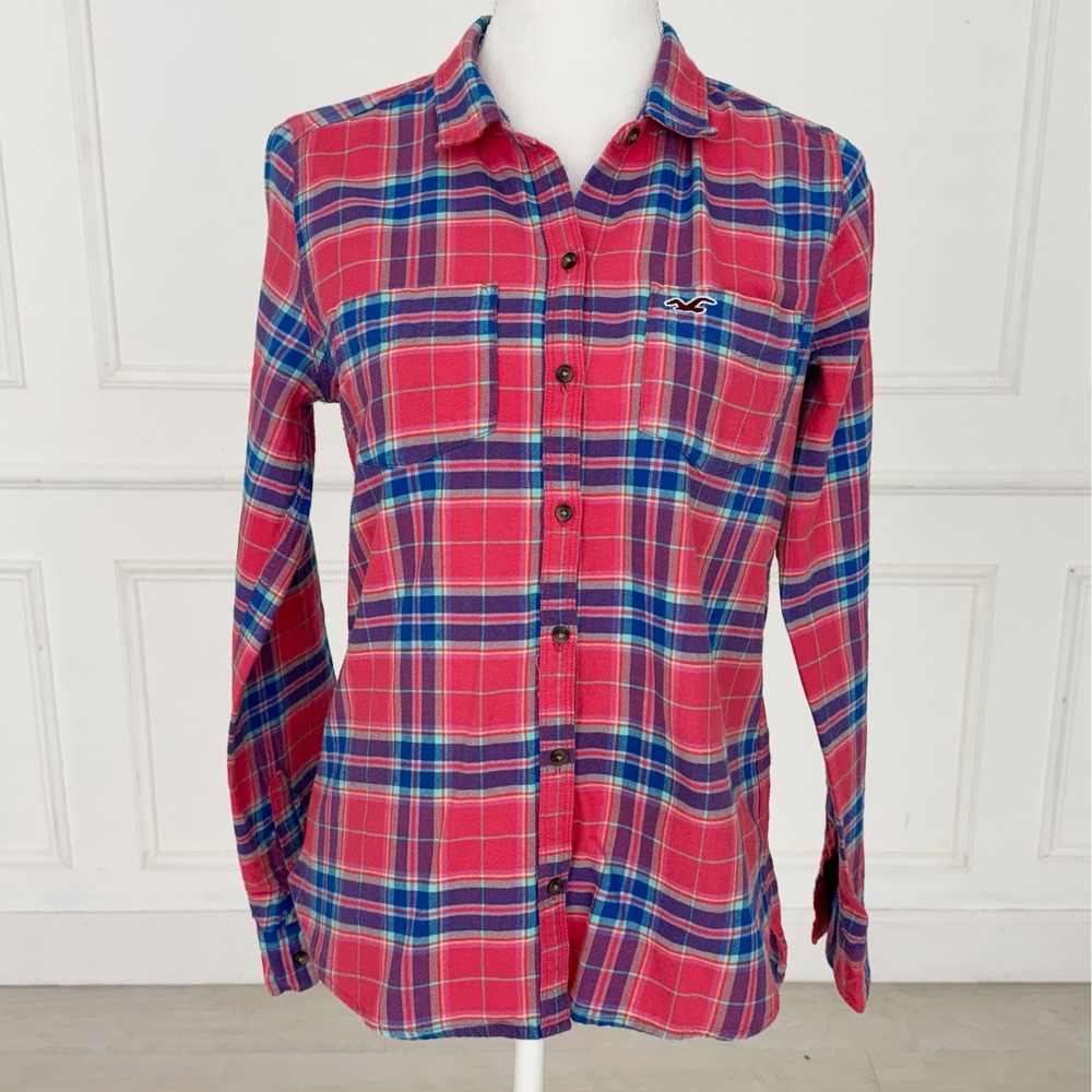 Hollister Womens Pink Blue Plaid Flannel Button Down Shirt Medium Y2K Preppy